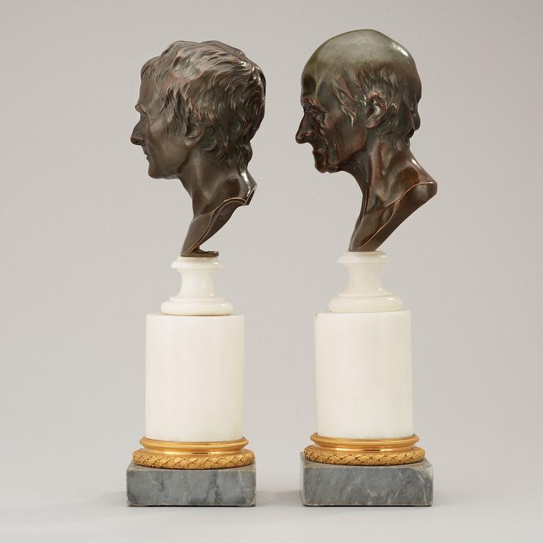 A pair of late Gustavian late 18th century busts depicting Rosseau and Voltaire.