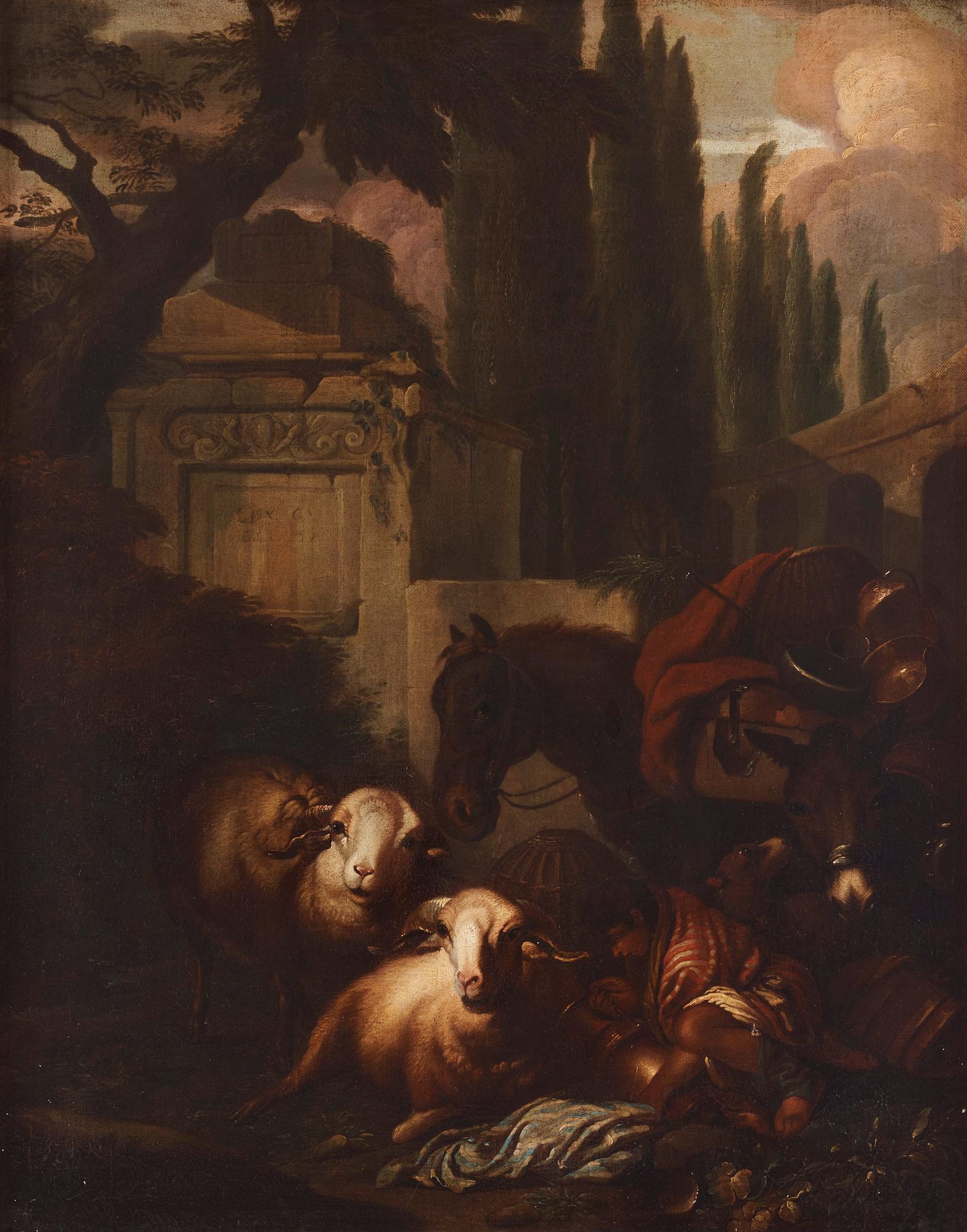 Philipp Peter Roos (Rosa di Tivoli) Follower of, Archaic landscape with livestock.
