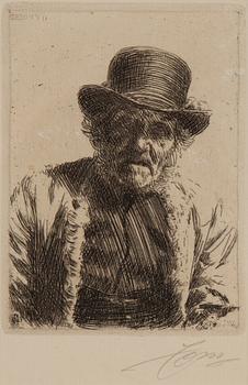 ANDERS ZORN, etsning, 1911, signerad Zorn med blyerts. "Kyrkstöt".