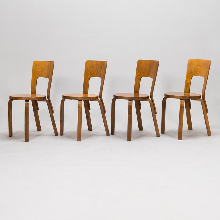 Alvar Aalto, four '66' chairs, O.Y. Huonekalu-ja Rakennustyötehdas A.B. Finland, 1930's/1940's.