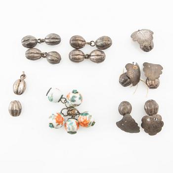 Buttons of silver, ceramic and enamel, 15 pcs, China circa 1900.