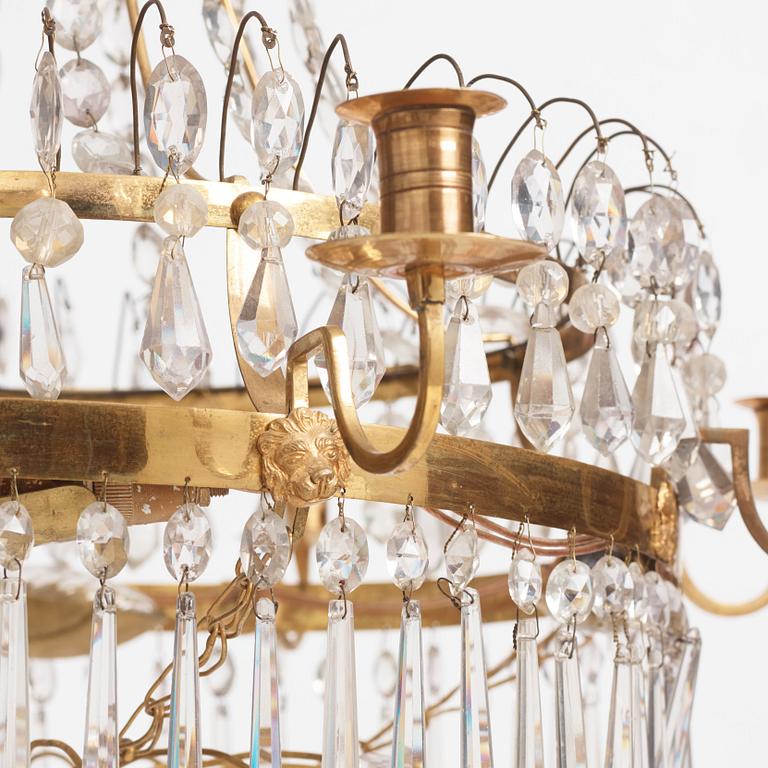 A Gustavian gilt brass and cut glass nine-branch chandelier, Stockholm late 18th century.