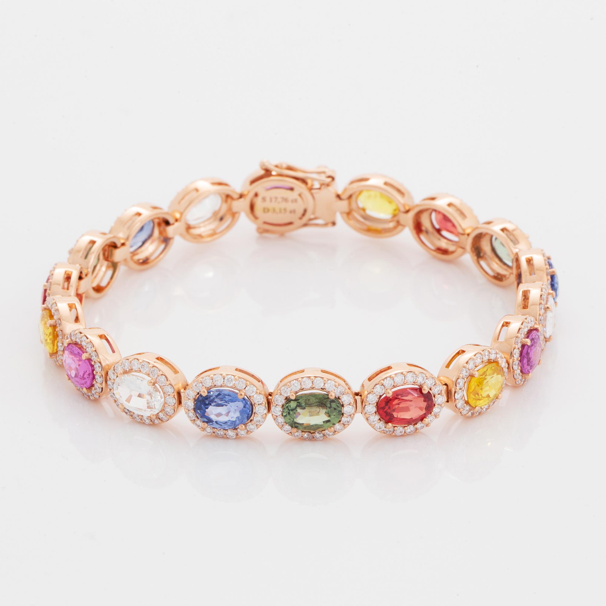 Multi coloured colour sapphire and diamond bracelet.