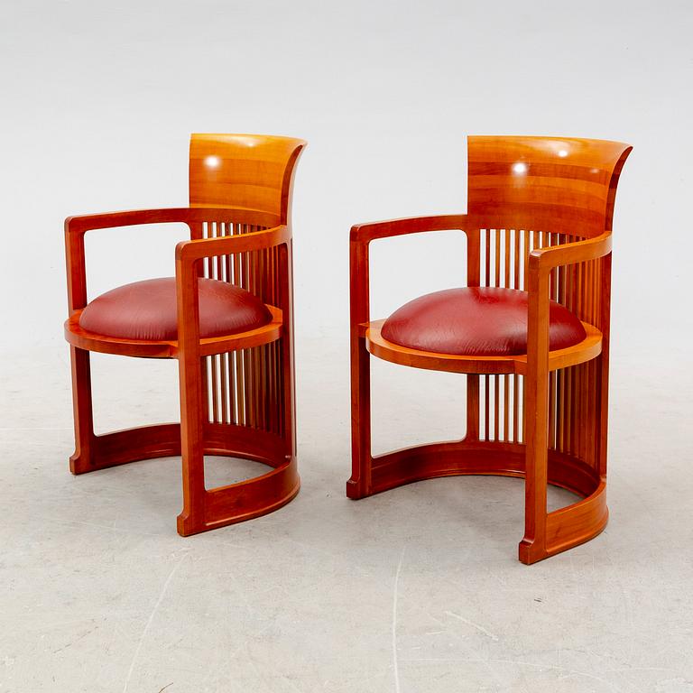 Frank Lloyd Wright Armchairs, "606 Barrel Taliesin", a pair, for Cassina 1986, Signed and numbered 18353 and 1870.