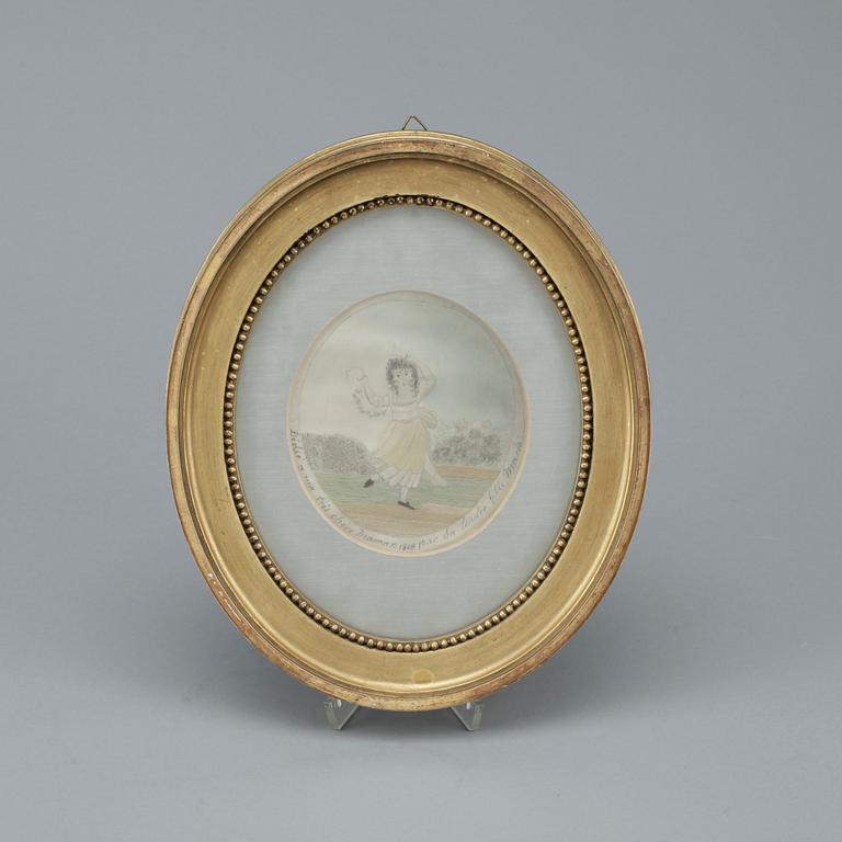 BRODERAD TAVLA, siden, troligen Frankrike, bär datering 1808.