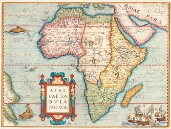 Abraham Ortelius, Ur: Theatrum Orbis Terrarum" (6). Världskarta, Europa, Asien, Afrika, Amerika samt porträtt. 1579.
