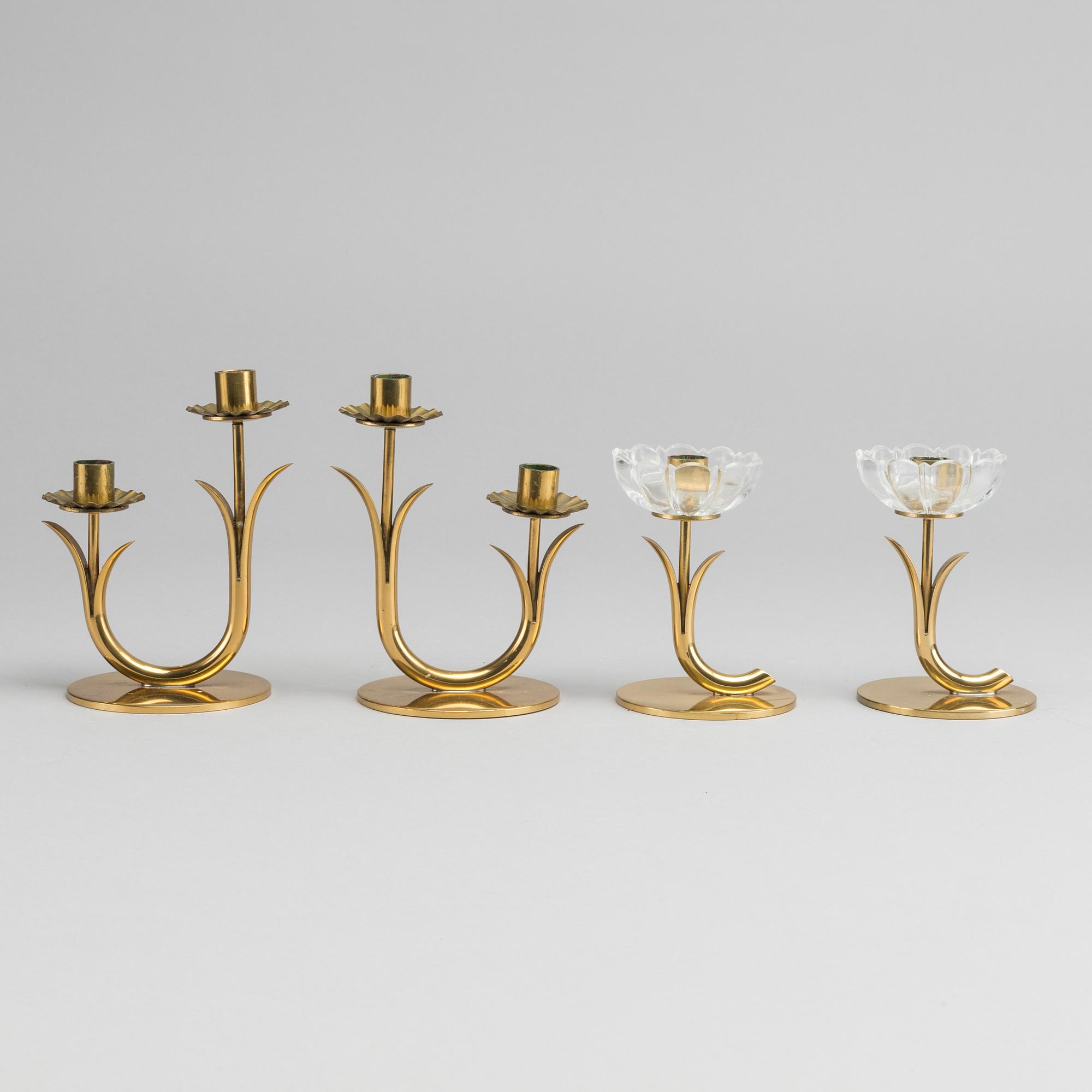 GUNNAR ANDER. Two pairs of candlesticks and a bowl, for Ystad metall. Signed.
