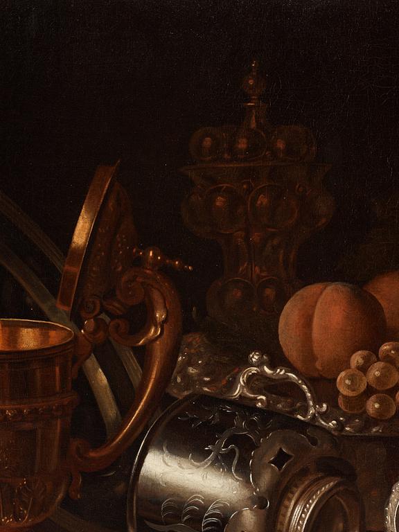 Pieter Gerritsz. van Roestraten, Still lite with objects of silver, fruits and a knife.