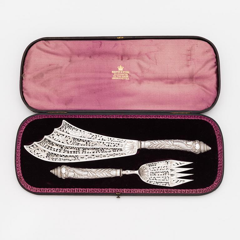 Fiskserveringsbestick, sterlingsilver, John Aldwinckle & Thomas Slater, London, 1889. I originaletui.