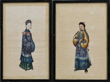 OKÄND KONSTNÄR, gouache på textil, 2 st, Kina, 1900-tal.
