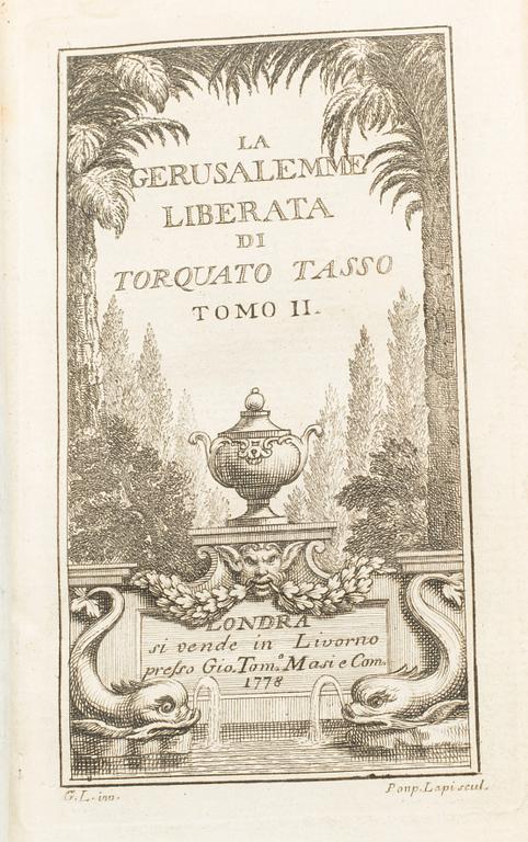 LA GERUSALEMME LIBERATA... 2 vol, by Torquato Tasso, London 1778.