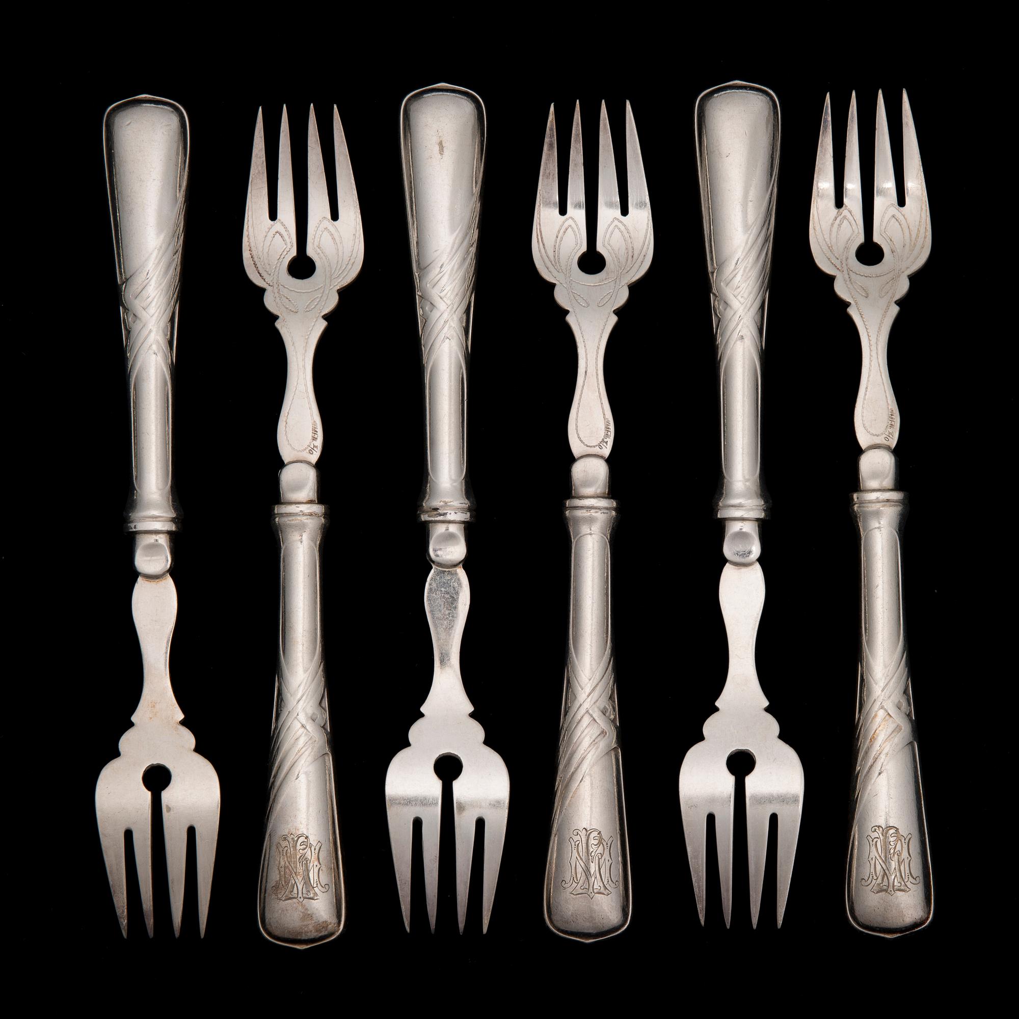 FISKBESTICK, 12+12+2, försilvrade, jugend, 1900-talets början.