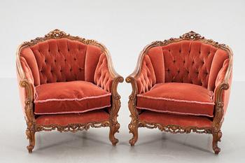 SOFFA samt FÅTÖLJER, ett par, rokokostil, 1900-talets andra hälft.