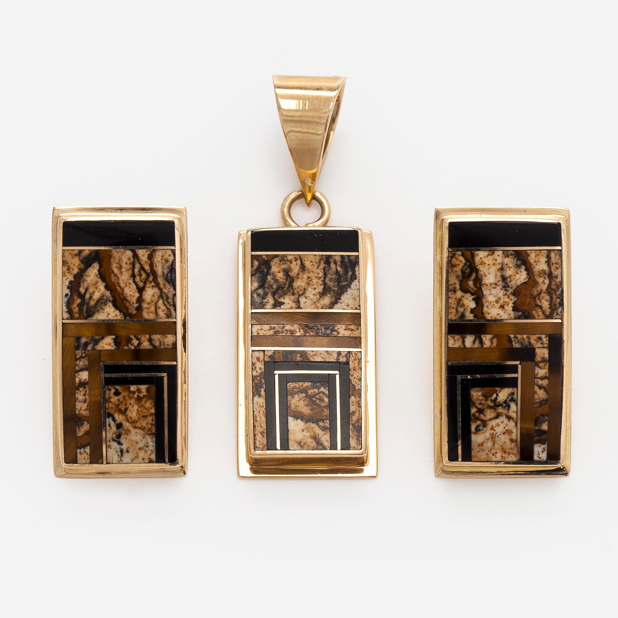 Pendant and earrings, 14K gold, Navajo.