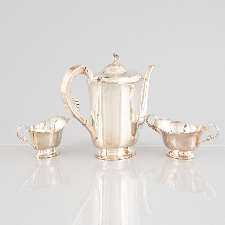 A three-piece silver coffee service, presumably Germany, mid 20th century.