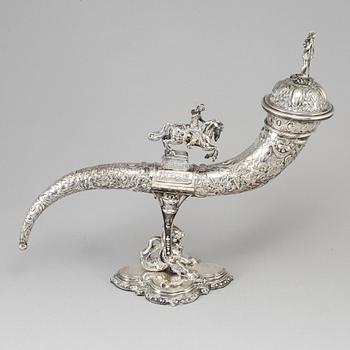 A German silver drinking horn, JD Schleissner & Söhne, Hanau around 1900.