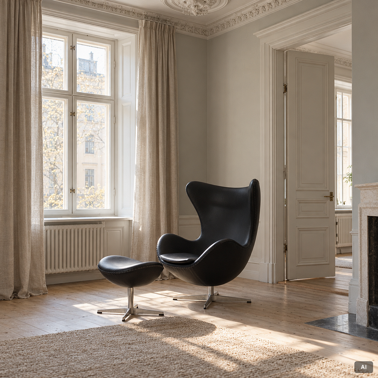 Arne Jacobsen, fåtölj med fotpall, "Ägget", Fritz Hansen, Danmark, 2022.