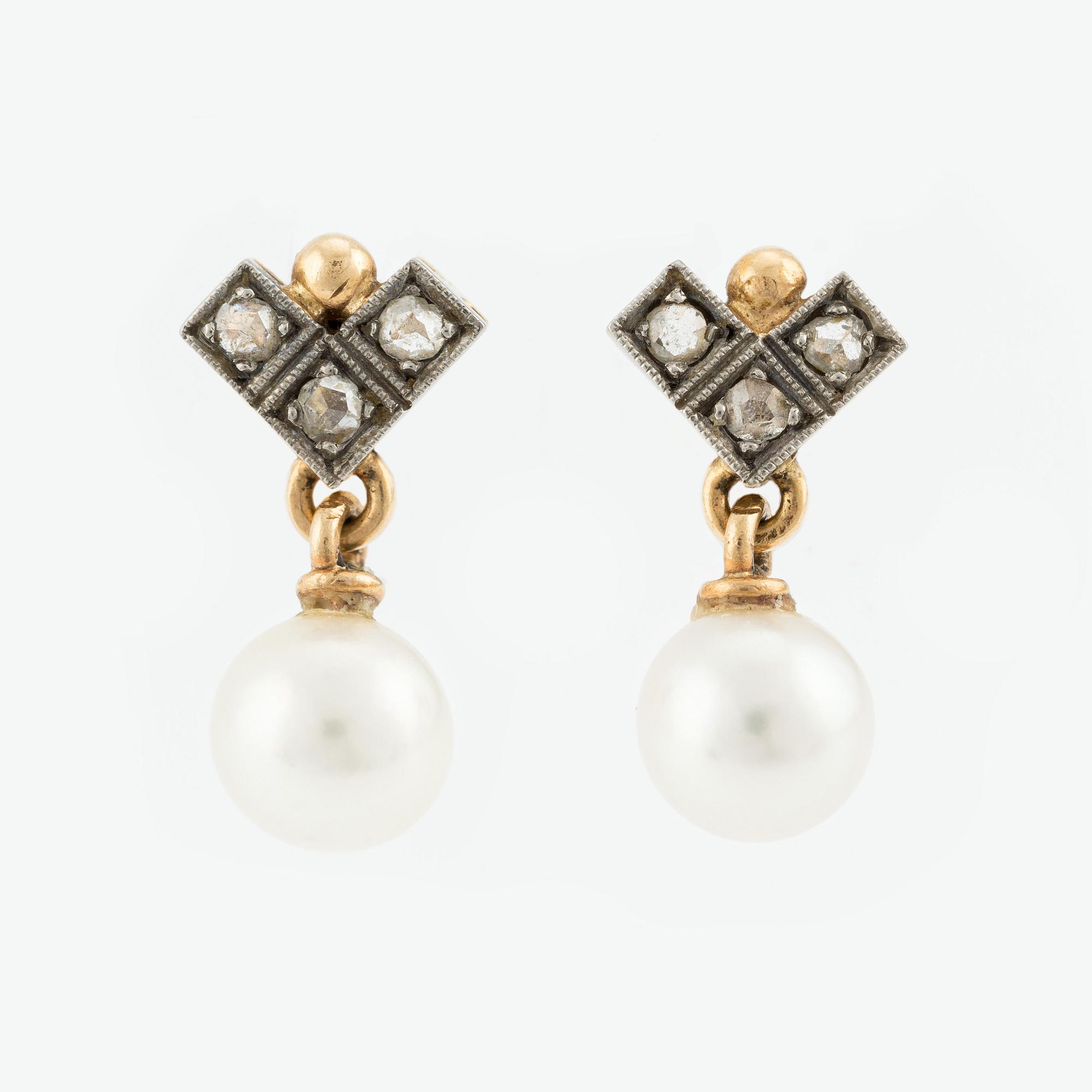 Earrings, a pair, gold with pearls and small rose-cut diamonds.