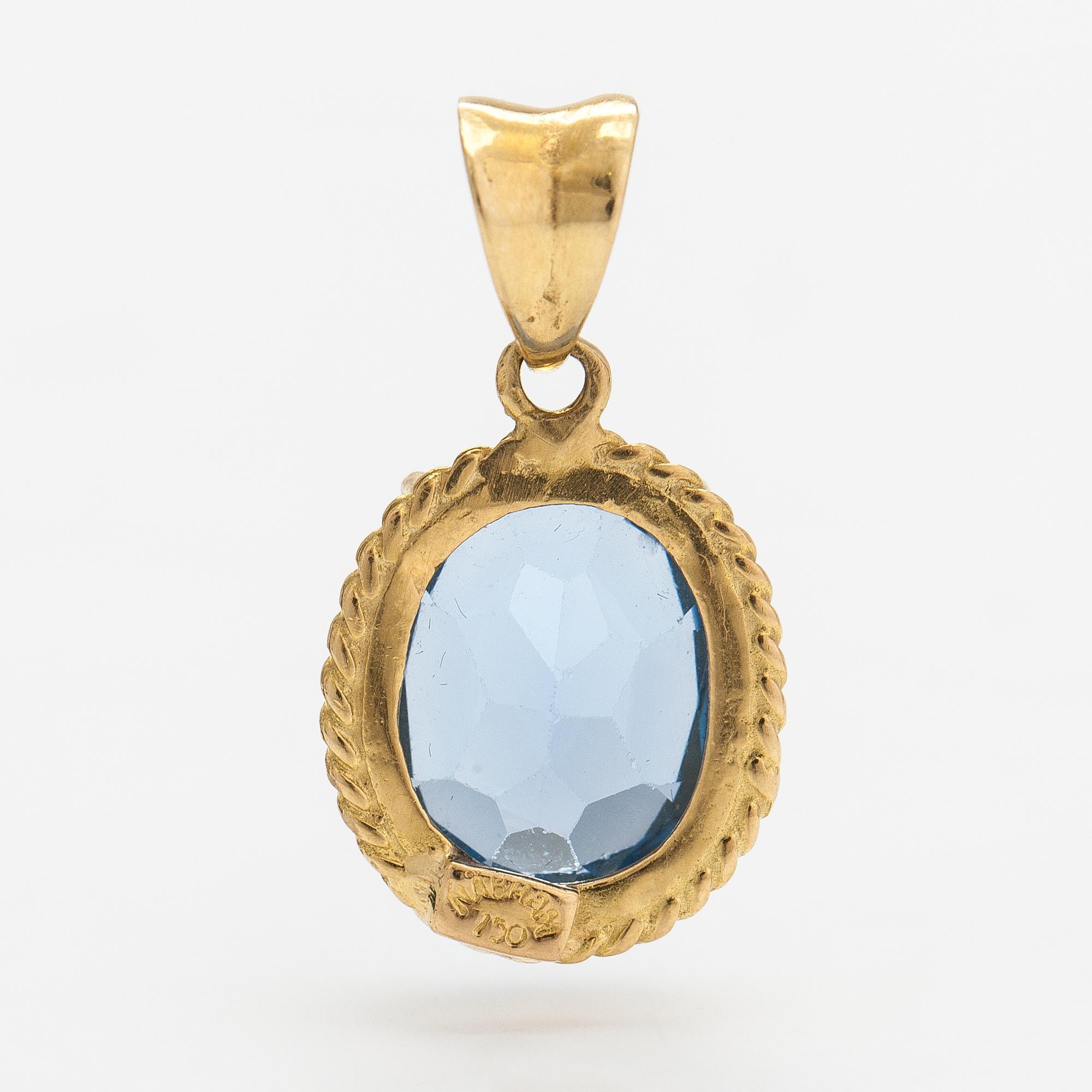 A pair of 14K gold earrings and an 18K gold pendant, both woth synthetic spinels.