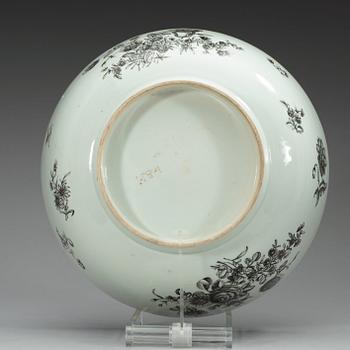 A grisaille punch bowl with a Swedish Bank note, Qing dynasty, Qianlong dated 1762.