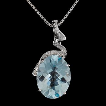 82. A checker cut aquamarine, ca 12.09 cts, and diamond, ca 0.1 ct, pendant.