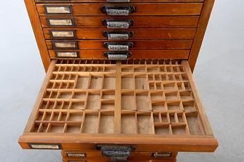 Arkivskåp för typsnitt, "Boklund" omkring 1900.