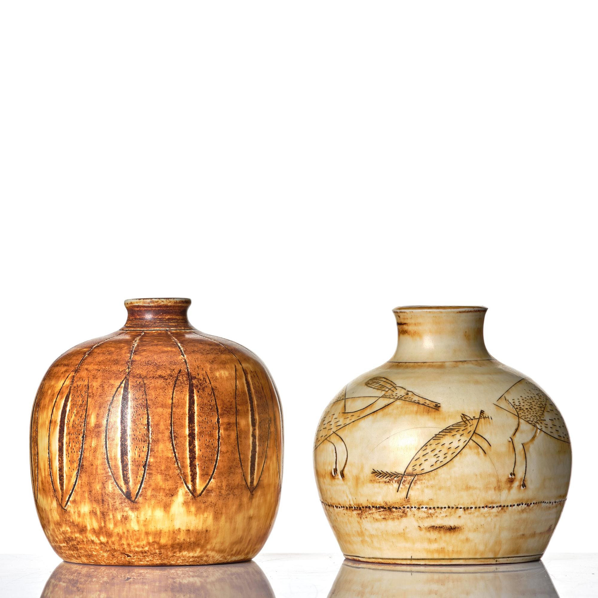 Anders Bruno Liljefors, two stoneware vases, Gustavsberg studio, Sweden ca 1949-50.