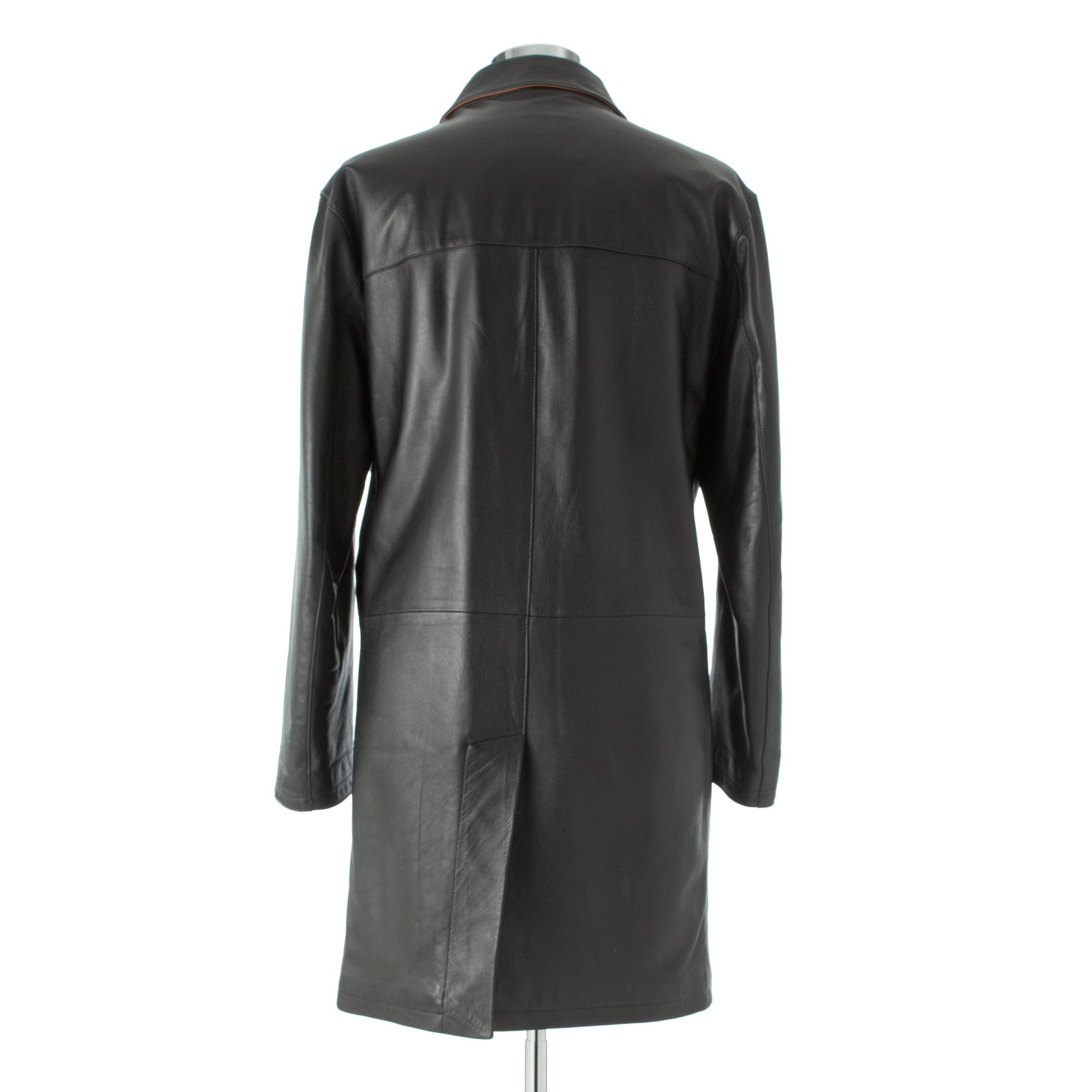 BURBERRY, a black leather overcoat.