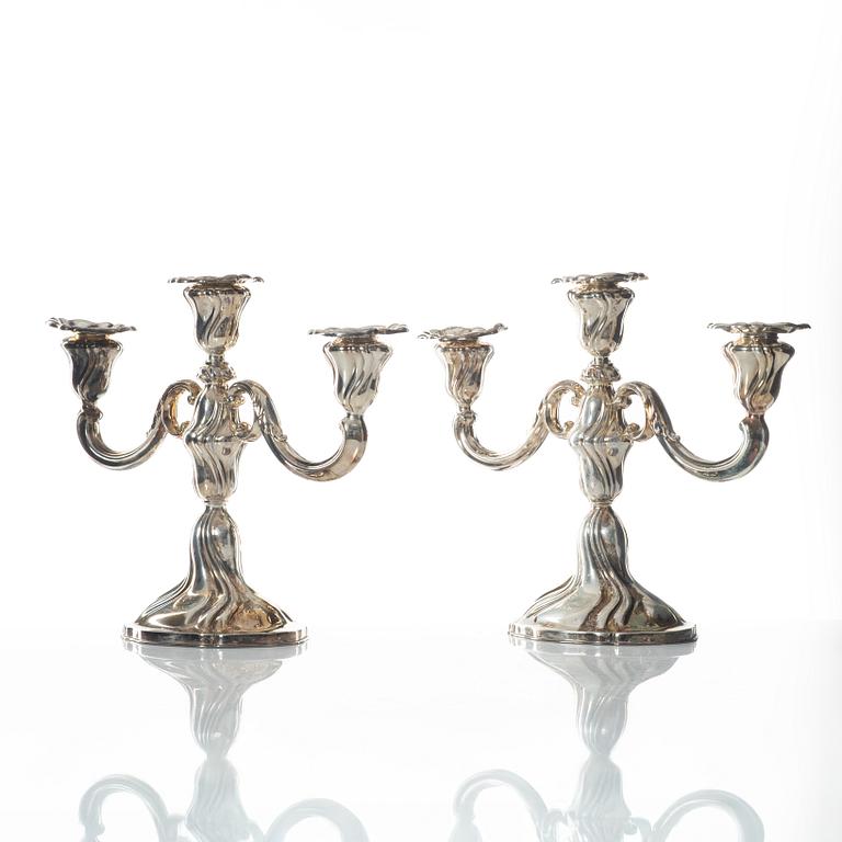 Bruckmann & Sohne, candelabras, a pair, silver, Rococo style, Heilbronn, Germany, 20th century, Swedish import mark.