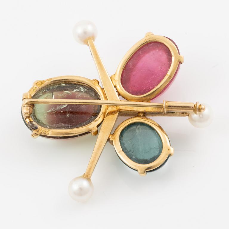 Brooch, Carlman, 18K gold with cabochon-cut tourmaline and pearls.