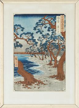 TRÄSNITT, 4 st, Japan. Bl a Maiko Beach Harima, efter Hiroshige.