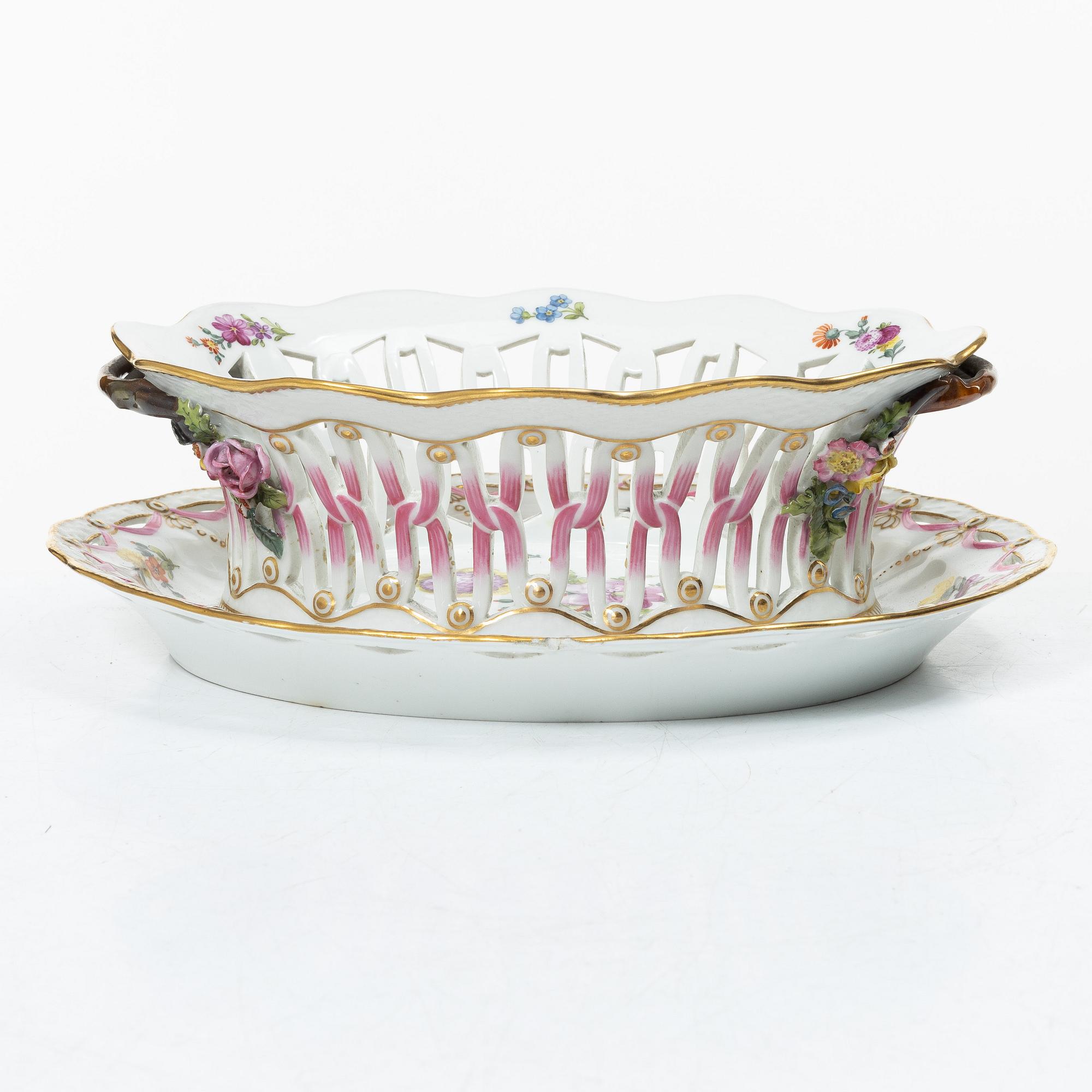 Royal Copenhagen, a lattice bowl and stand, 'Saxon Flower', Denmark, 1889-1922.
