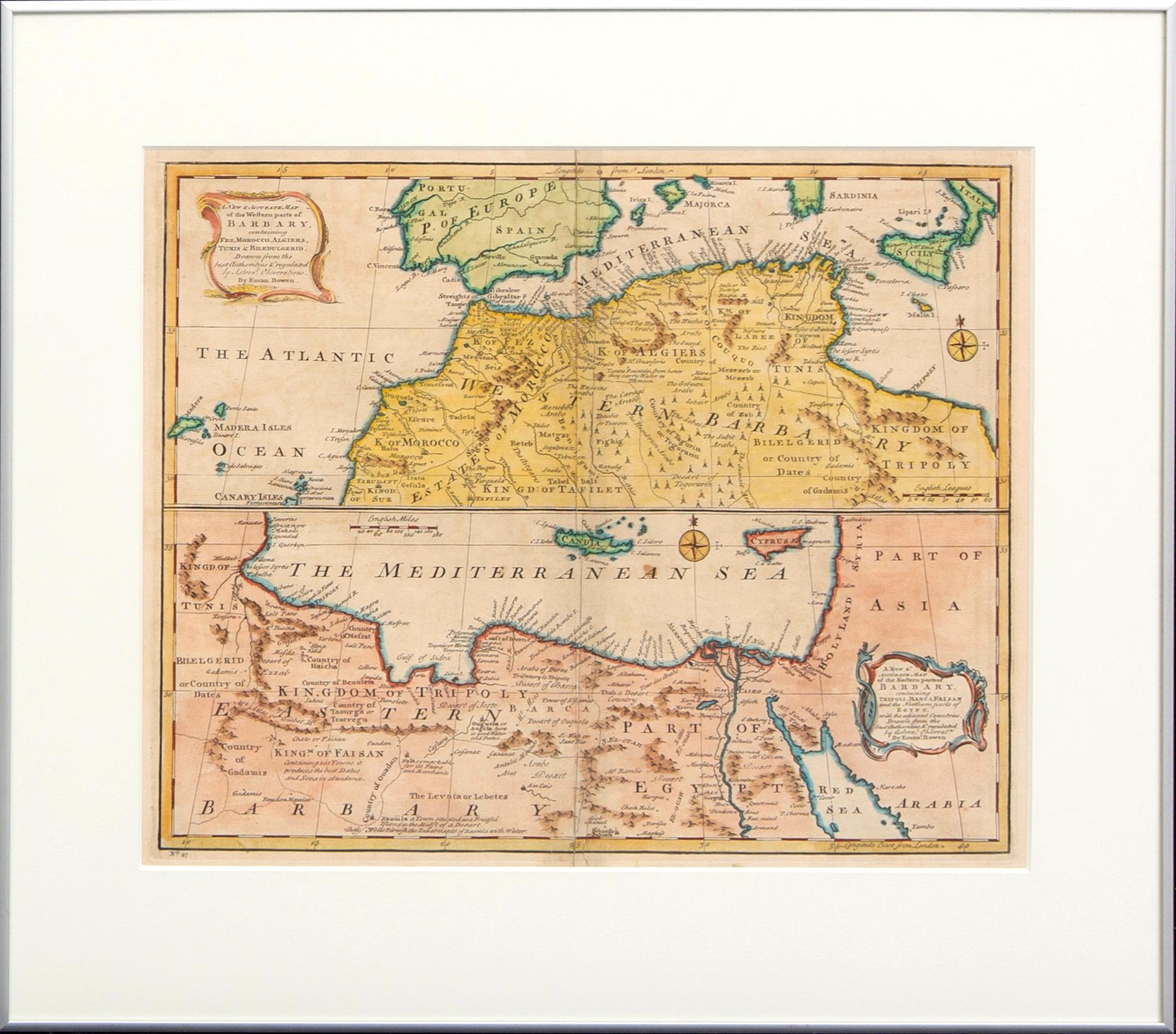 Emanuel Bowen, karta Medelhavet Nordafrika, handkolorerat kopparstick, London 1744.