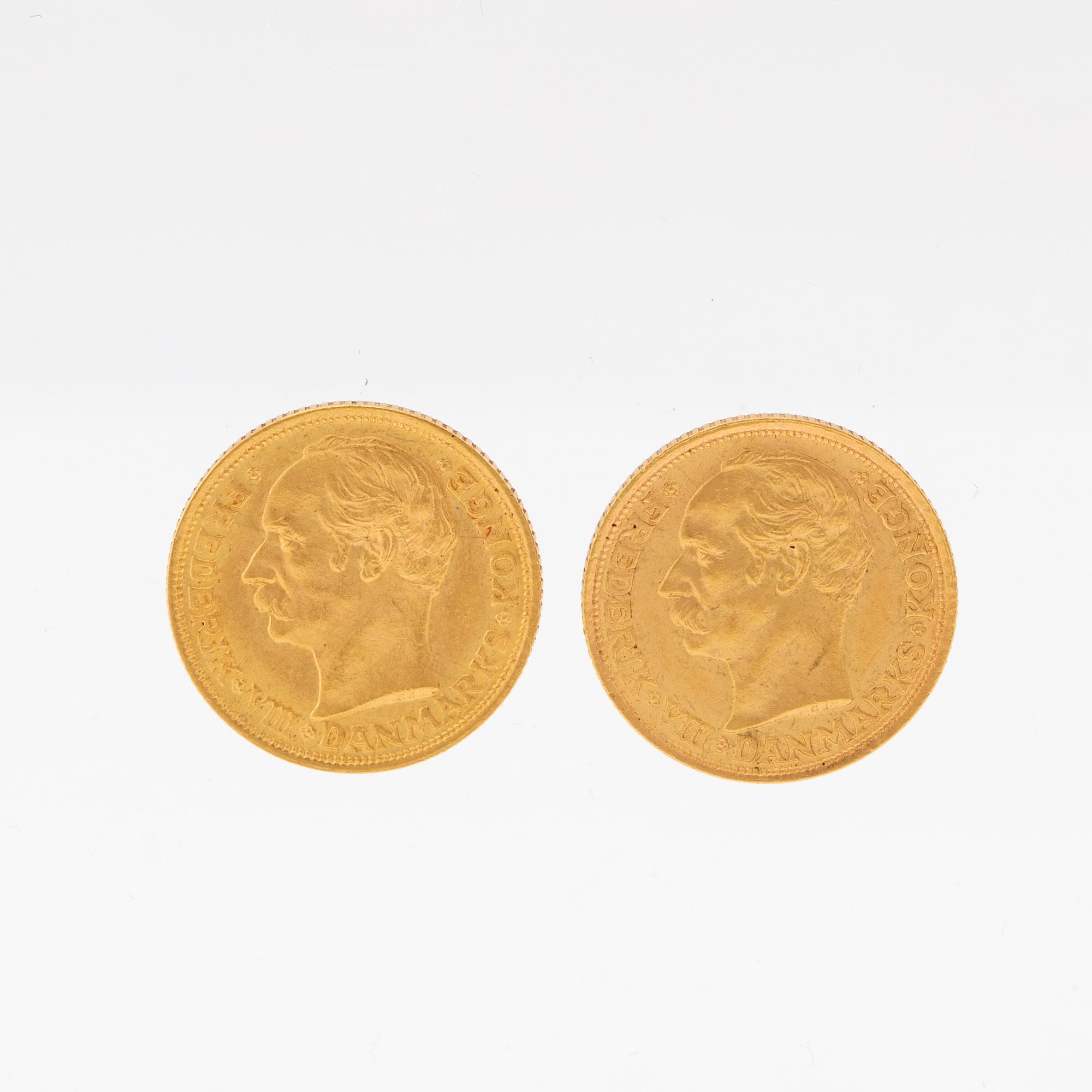 Guldmynt 2 st 10kr Frederik VIII, Danmark 1909.