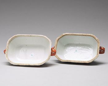 A pair of famille rose 'double peacock' butter tureens with cover and stand, Qing dynasty, Qianlong (1736-95).