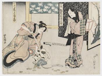876. Utagawa Toyoshige Toyokuni II, Figurscen med fångad katt.