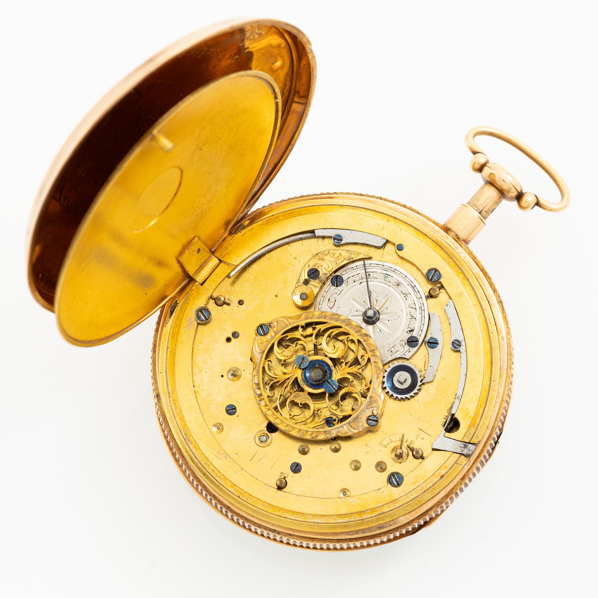 Pocket watch, skeletonised, with repeating mechanism, 18K gold, 52,5 mm.