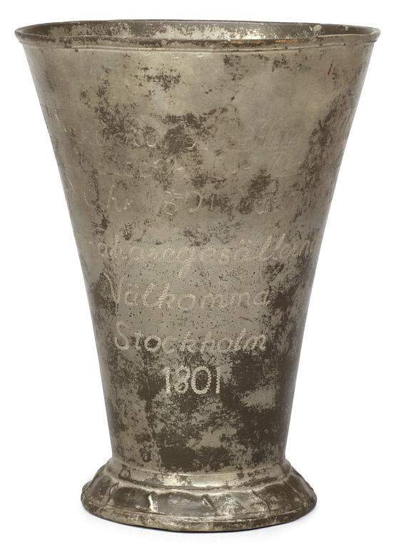 A Swedish pewter goblet made for the Stockholm hat makers journeyman's guild, by Israel Buhrman 1801.