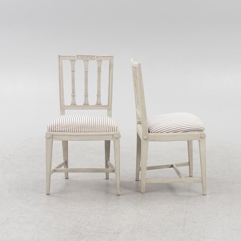 Stolar, 3 st, sengustavianska, omkring 1800. Samt en stol, sengustaviansk stil, 1900-tal.