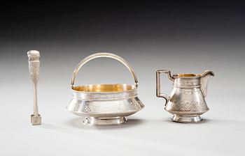 RUSSIAN SUGAR BOWL, SUGAR TONGS AND MILK JUG.