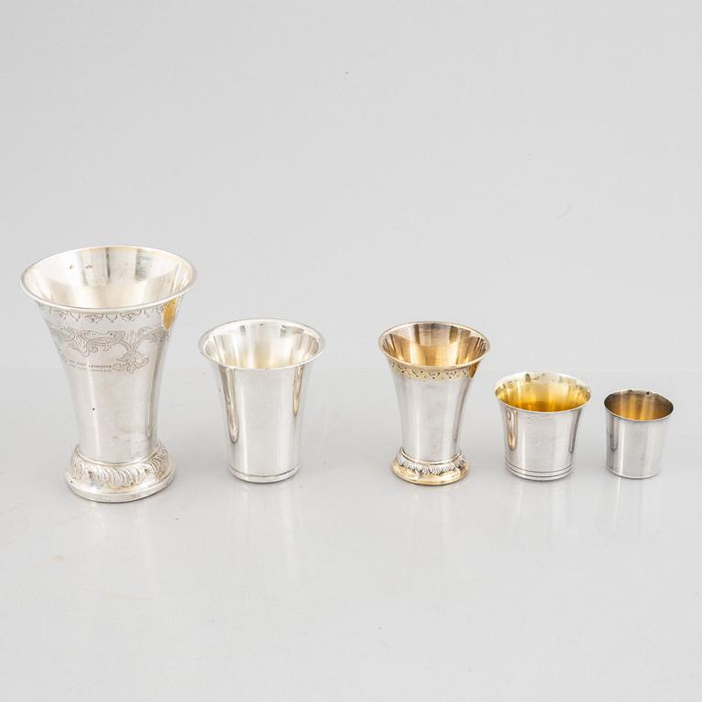 A set of five Swedish silver beakers, including CG Hallberg, Stockholm 1958.