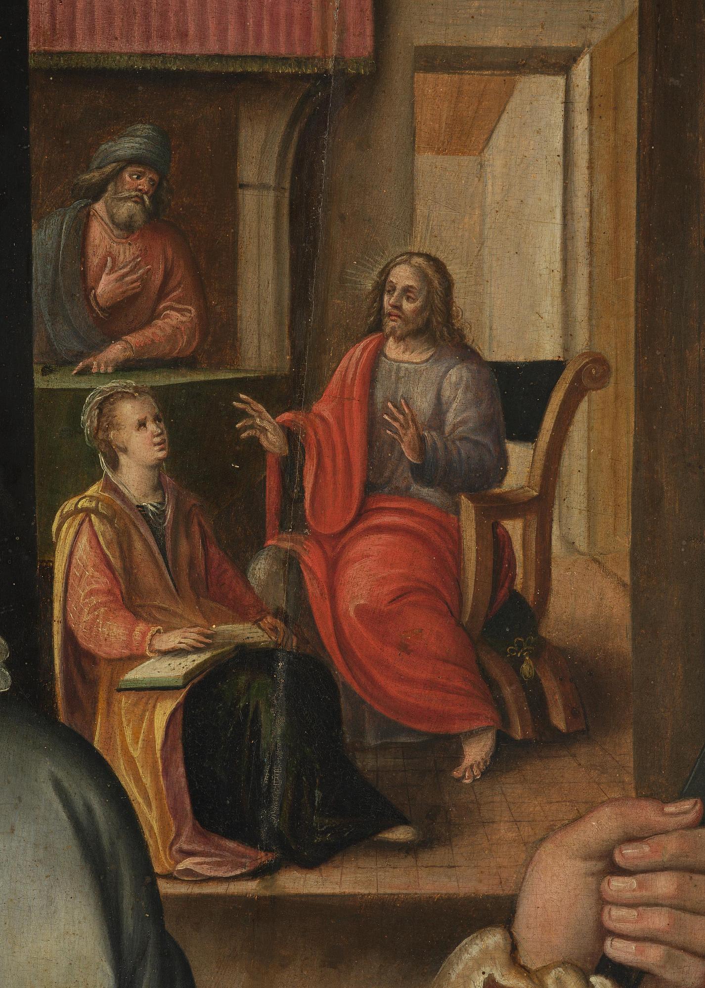 Joachim Beuckelaer, circle of/follower of, Kitchen scene with Jesus in the house of Martha and Mary in the background.