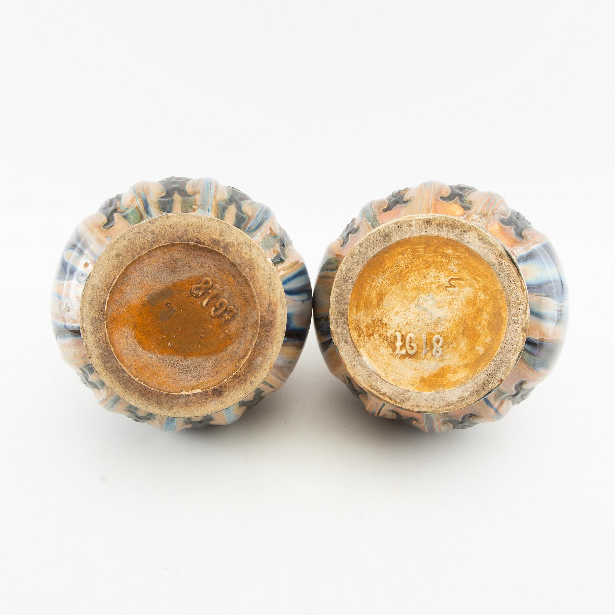 Vases a pair of Jugend early 20th century probably Denmark glazed stoneware.