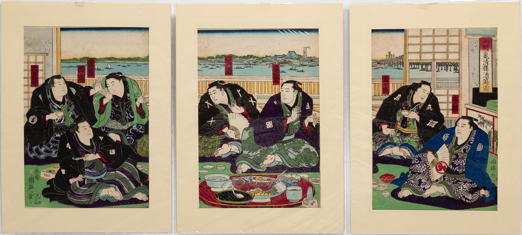 KUNITERU II (1829-74), three colored woodblock prints, triptych, and Two UNIDENTIFIED ARTIST, Japan, 19th century.