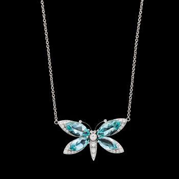 97. PENDANT, butterfly, with aquamarine and brilliant cut diamonds.