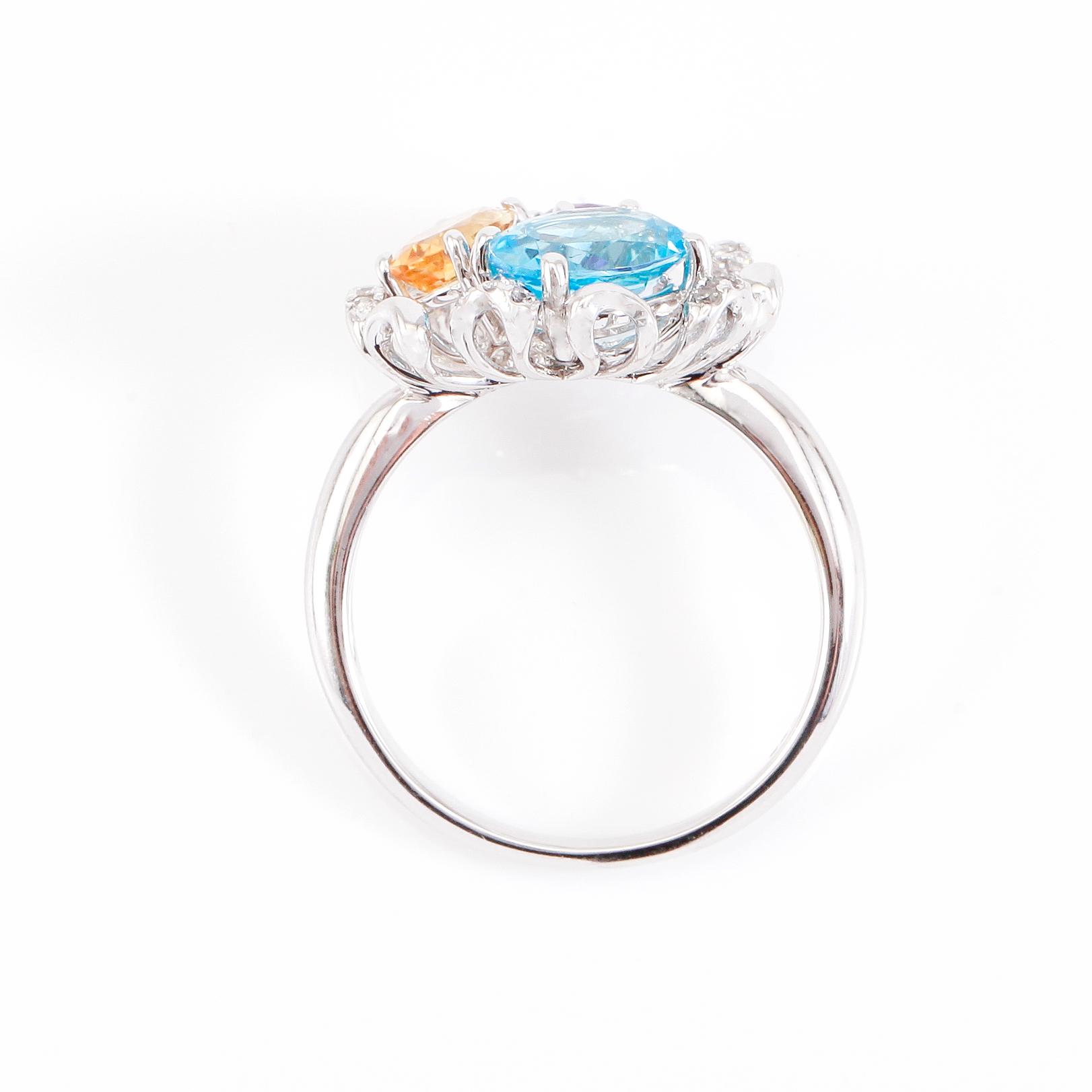 RING, 14K vitguld, blå topas, citrin, ametist och diamanter.