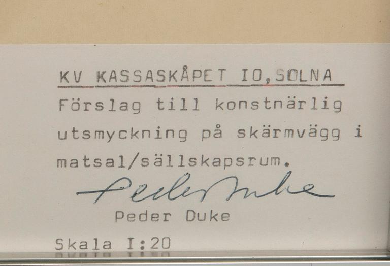 Peder Duke, "Förslag till konstnärlig utsmyckning på skärmvägg i matsal/sällskapsrum - Kv Kassaskåpet 10, Solna" 5 st.