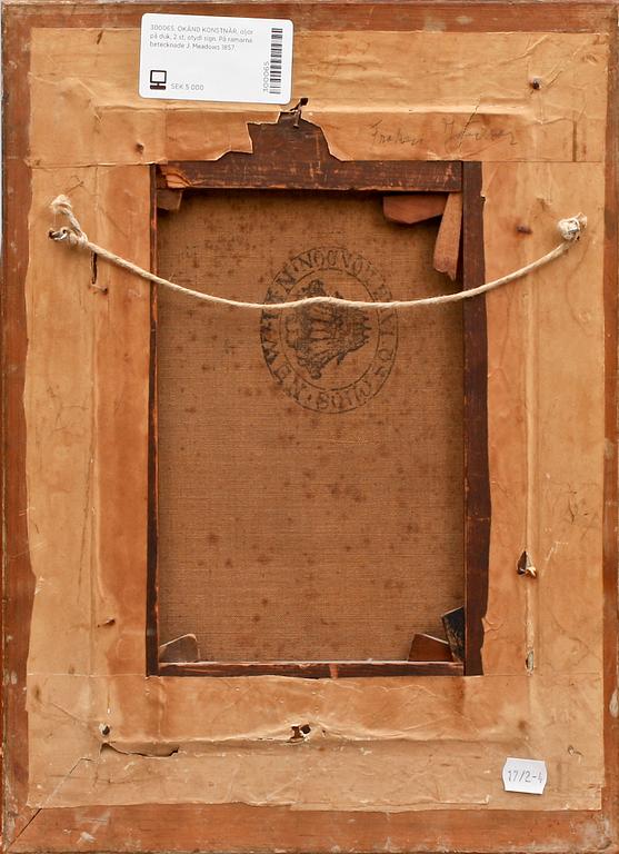 OKÄND KONSTNÄR, oljor på duk, 2 st, otydl sign. På ramarna betecknade J. Meadows 1857.