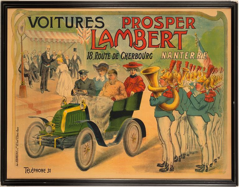 A lithographic vintage poster, 'Voitures Prosper Lambert', France, early 20th Century.