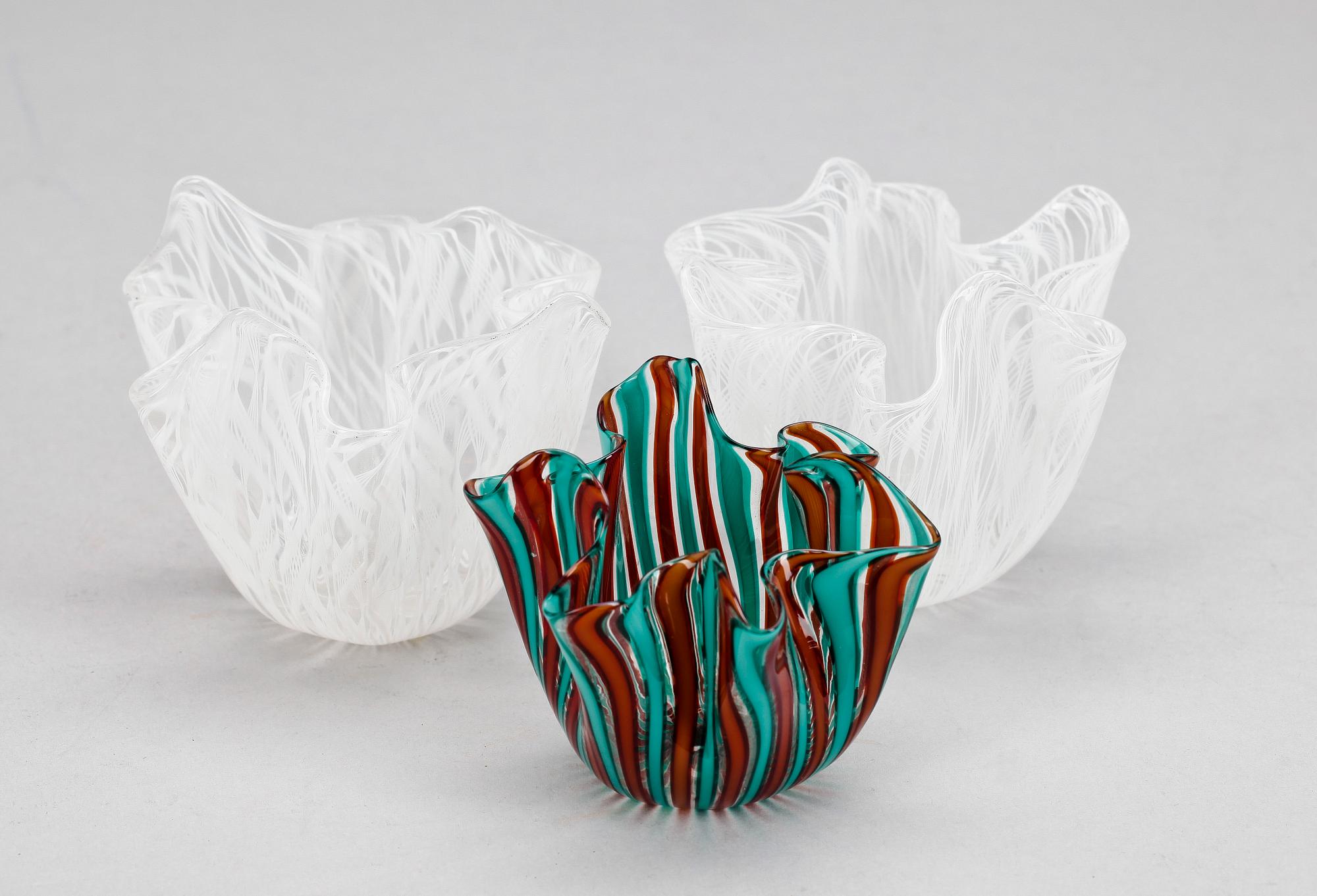 NÄSDUKSSKÅLAR, 3 st, Venini, Murano, Italien. 1900-talets andra hälft.